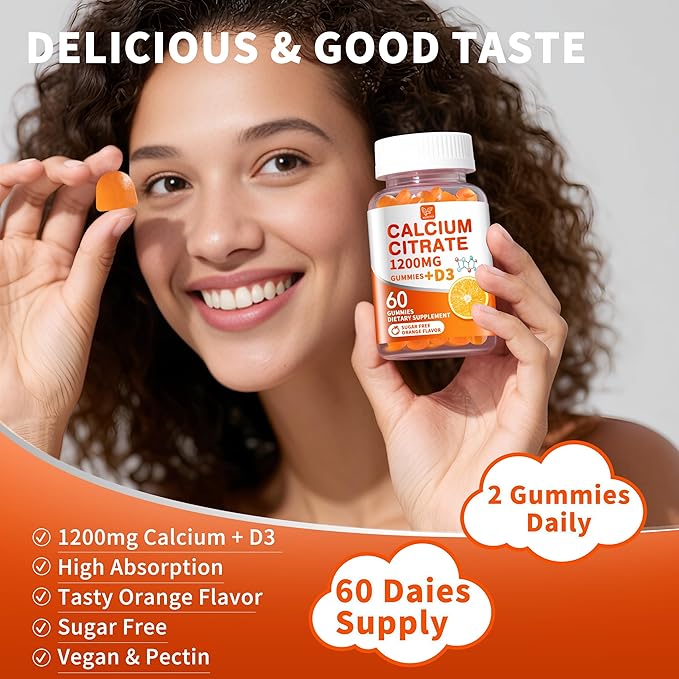(2 Pack) Calcium Citrate 1200 mg with Vitamin D3 Gummies for Women &amp MenCalcium Supplements for Bone &amp Teeth SupportHigh Absorption - Easy to Digest Sugar FreeVeganOrange Flavor60 Day Su