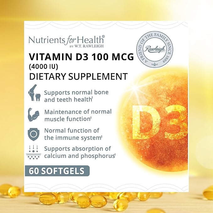 Rawleigh Vitamin D3 50 MCG: 60 Softgels 30 Days Supply. High Strength Cholecalciferol 4000iu (100μg). Immune Healthy Teeth Supports Calcium Absorption Bones &amp Muscles. Gluten-Free GMO-Free
