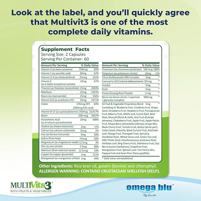 Multi Vits 3 Multivitamin - 2 Per Day - 70+ Ingredients - 42 Fruits &amp Vegetables - CoQ10 for Heart Health - Brain Energy Vision Support - Vitamins &amp Minerals - 60 Servings