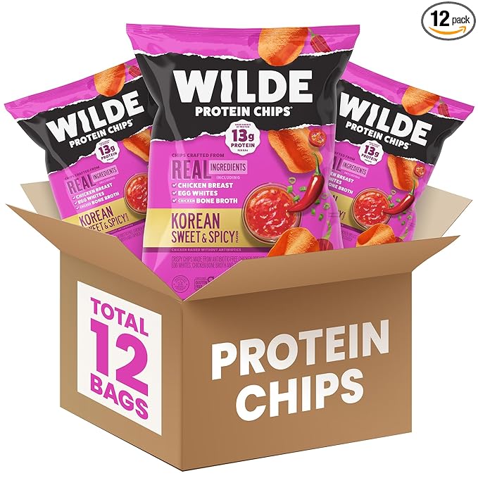 WILDE Protein Chips Korean Sweet &amp Spicy High Protein Snacks for Adults Keto Chips Gluten Free Low Carb Snack Box Made with Real Ingredients 1.34oz Bags Pack of 12