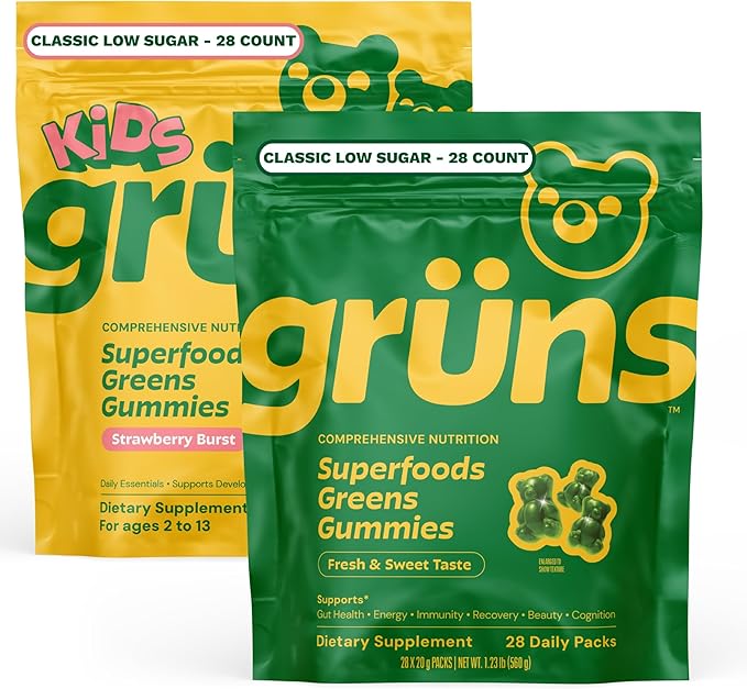 Gruns Adult + Kids Superfood Green Bundle Nutritional Supplement 2-Pack (28 Day Supply) multivitamin Gummy + prebiotics + Greens Powders 60+ Organic Ingredients 20+ Vitamins and Minerals