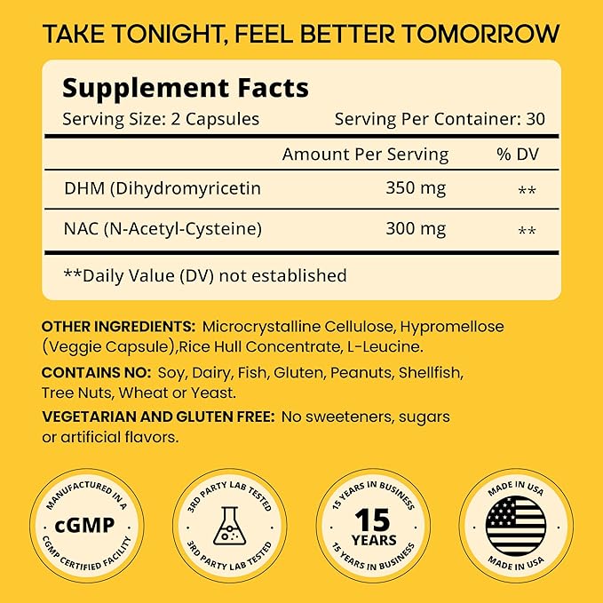 Dihydromyricetin DHM with NAC - 650mg x 60 Capsules - 300mg N-Acetyl-Cysteine 350mg Dihydromyricetin - Max Strength Dietary Supplement for Liver Support Hydration