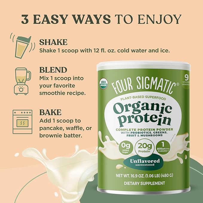 Four Sigmatic Organic Plant-Based Protein Powder | Clean Vegan Protein Elevated with Lion’s Mane Chaga Cordyceps and More for Brain Function and Immune Support | Unflavored 16.9 oz