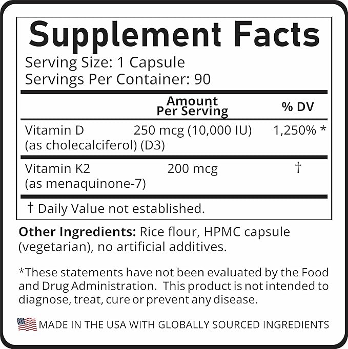 Vitamin D3 + K2 10000 IU D3 200 mcg K2 90 Capsules
