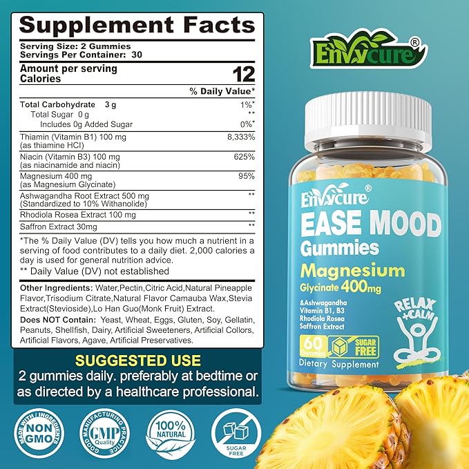 Sugar Free Magnesium Glycinate Gummies 400mg with Ashwagandha B1 B3 Rhodiola Rosea &amp Saffron for Support Rest Mood &amp Calm Magnesium Gummies for Adults Chewable Magnesium Supplement Vegan