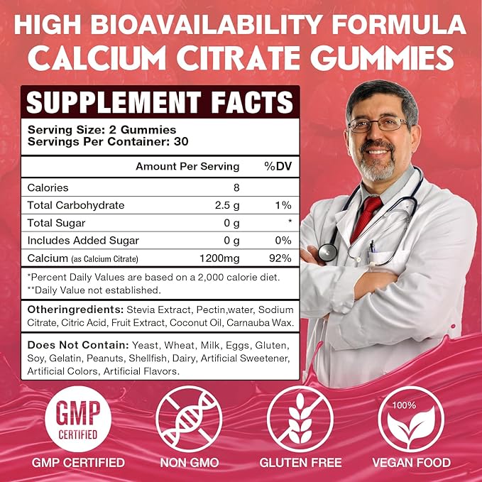 Calcium Citrate Gummies 1200mg for Adults &amp Kids - Bone &amp Teeth Support Easy Absorption Delicious Raspberry Flavor - Non-GMO Gluten Free Vegan - 120 Count
