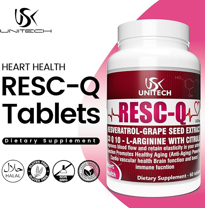 Unitech USK RESC-Q | Dietary Supplement with Resveratrol L-Arginine L-Citrulline &amp Grape Seed Extract | Supports Antioxidant Activity &amp Healthy Blood Circulation | 60 Tablets