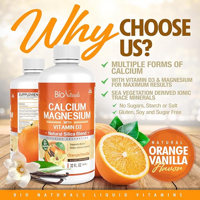 Bio Naturals Calcium &amp Magnesium Liquid Supplement with Vitamin D3 - Natural Formula FOUR Types of Calcium Supports Strong Bones with Superior Absorption to Pills - 100% Vegetarian - 32 fl oz