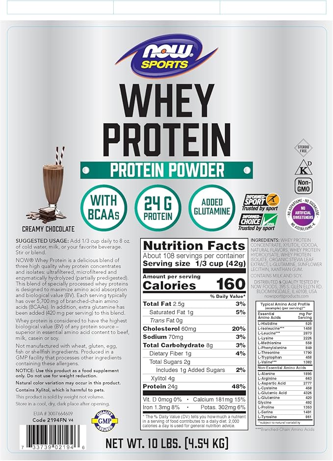 NOW Foods Sports Nutrition Whey Protein 24 g With BCAAs Creamy Chocolate Powder 10-Pound