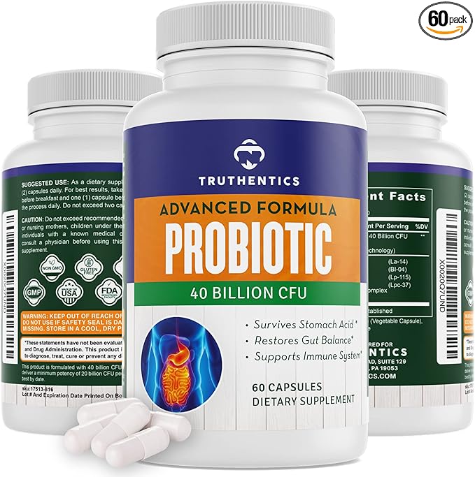TRUTHENTICS Probiotic 40 Billion CFU with Prebiotics - Bifidobacterium Lactobacillus Acidophilus Paracasei Probiotics for Men &amp Women - Shelf Stable - 60 Vegan Capsules