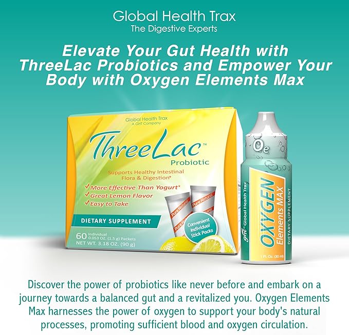 GHT – Ultimate Gut &amp Oxygen Duo: ThreeLac Lemon Probiotic Powder (180 Packets) &amp Oxygen Elements Max Drops (3oz) - Digestive Support &amp Cellular Vitality