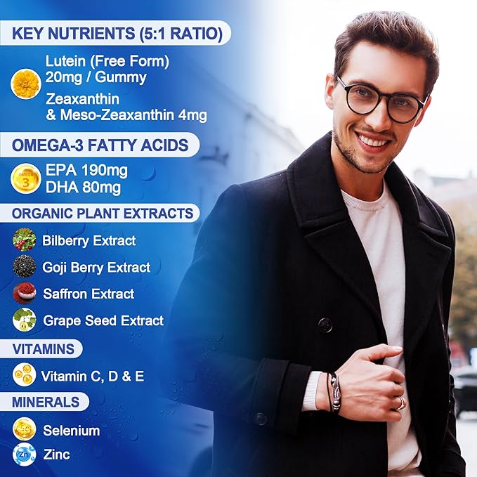 2 Pack Sugar Free Lutein 20mg 40mg and Zeaxanthin Gummies for Eyes with EPA 190mg &amp DHA 80mg Eye Vitamins Filled Gummies Plus Bilberry Goji Berry &amp Saffron Eye Health Supplements for Adults