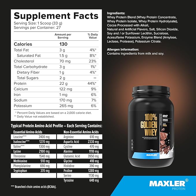 Maxler 100% Golden Whey Protein - 22g of Protein per Serving - Whey Protein Powder for Pre Post Workout - Fast-Absorbing Whey Concentrate Isolate &amp Hydrolysate Blend - Milk Chocolate Protein 2 lb