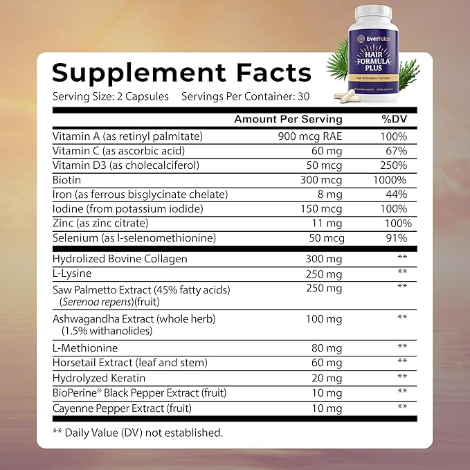 EVERFAITH Hair Formula Plus - Hair Growth Vitamins - Biotin for Hair Growth for Women &amp Men - with Keratin Collagen Saw Palmetto Horsetail Zinc Ashwagandha L-Lysine Iron &amp More - 60 Cap