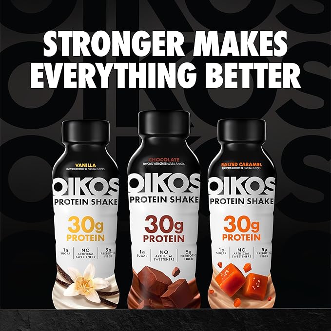 Oikos Protein Shake Exclusive Variety Pack 30g High Protein Drinks Shelf Stable Ready to Drink 5g Prebiotic Fiber 12 fl oz Bottle (4 ct Chocolate 4 ct Vanilla 4 ct Salted Caramel)