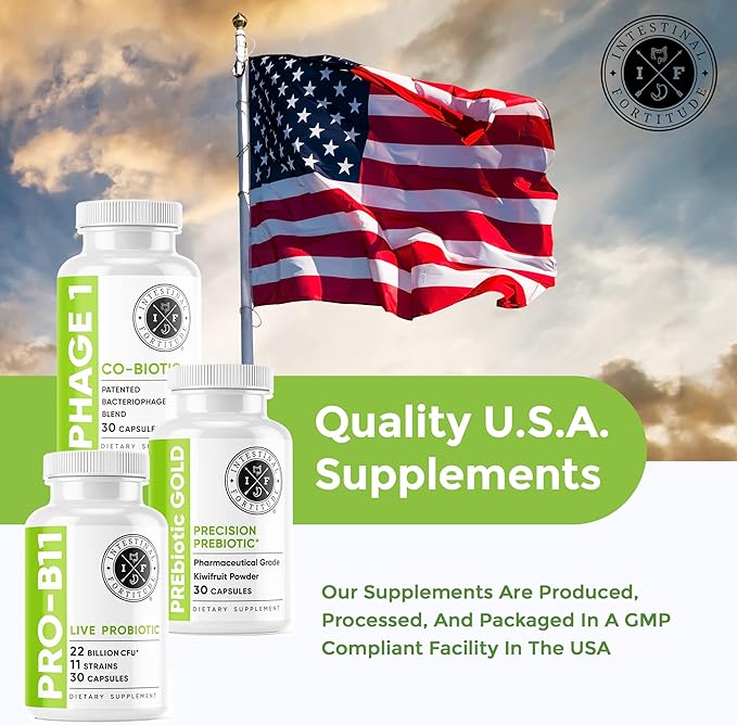 Intestinal Fortitude Gut Health Supplement Bundle - PREbiotic Gold PRO-B11 Phage 1 - w/Gold Kiwifruit Pectin SCFAs and 22 Billion CFU for Microbiome Support Gluten Soy &amp Dairy-Free Capsules