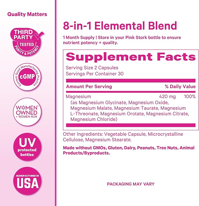 Pink Stork Magnesium Complex for Women - 8 Forms Including Glycinate Malate Citrate &amp L-Threonate - Stress Sleep Muscle &amp Hormone Support - 400 mg Elemental Magnesium - 60 Vegan Capsules