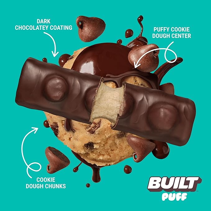 BUILT Bar Puff Protein Bars - Cookie Dough - 15g Protein Snack Bars with Collagen - Calorie Conscious No Gluten Free - 12 Count