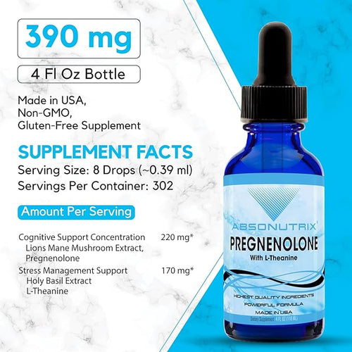 Absonutrix Pregnenolone with L-Theanine Advanced Formula 390 mg 4 Oz Liquid 302 Servings Made in USA Quick Absorption Quality Potent Ingredients Non-GMO GMP Certified Facility