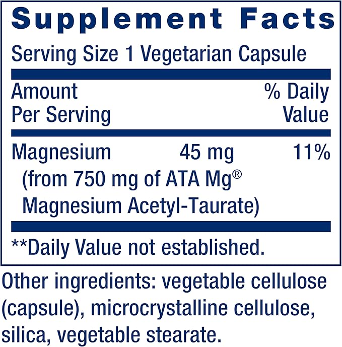 Life Extension Calm-Mag Magnesium Acetyl taurinate Daily Stress Management Formula Supports Calmness and Relaxation Gluten-Free Non-GMO Vegetarian 30 Capsules