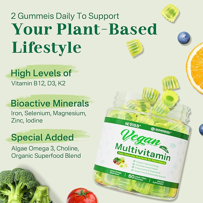 NEVISS Vegan Multivitamin for Women Men with Iron + Black Seed Oil Gummies