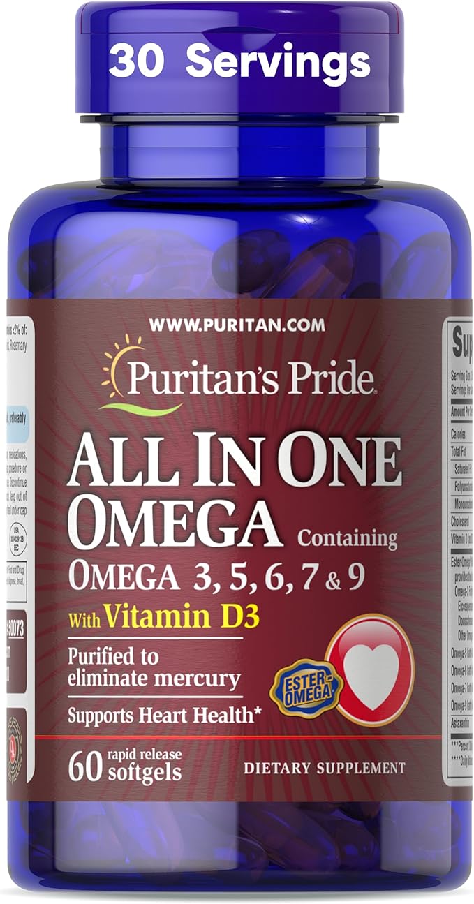 Puritan's Pride All In One With Omega 3 5 6 7 9 And Vitamin D3 Alaskan Salmon Oil Dietary Supplement for Cardiovascular Heart and Circulation Support 1 Month Supply 60 Rapid Release Softgels