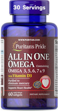 Puritan's Pride All In One With Omega 3 5 6 7 9 And Vitamin D3 Alaskan Salmon Oil Dietary Supplement for Cardiovascular Heart and Circulation Support 1 Month Supply 60 Rapid Release Softgels