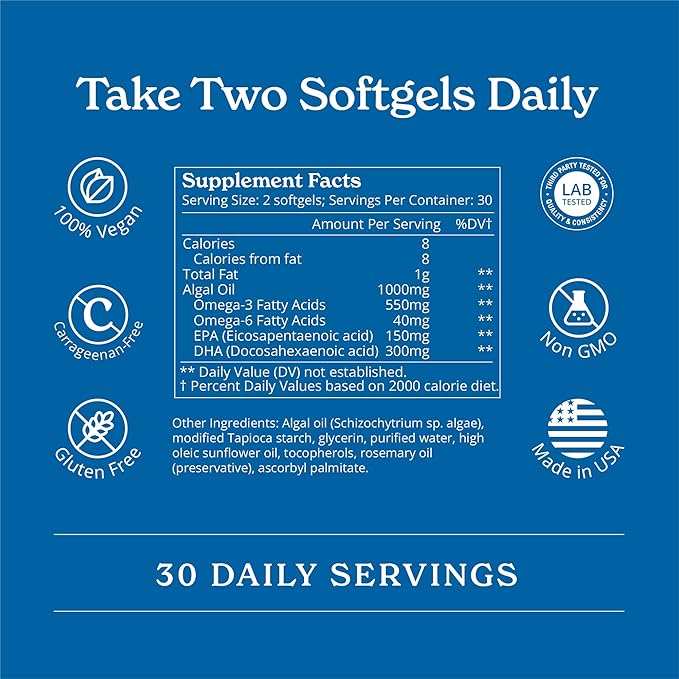 Calgee Vegan Omega 3-450mg DHA &amp EPA Fatty Acids - Sustainable Algae Oil - Plant-Based Fish Oil Alternative - Carrageenan-Free Softgels (120 Ct)