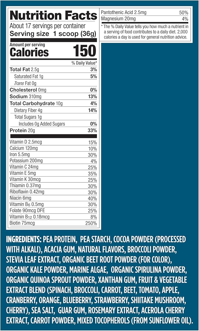 Vega Protein + Nutrition - 20g Plant-Based Pea Protein Chocolate 17 Servings Vegan Keto Superfood Antioxidant-Rich Gluten Free Dairy Free Low Carb 1.4lbs (Packaging May Vary)
