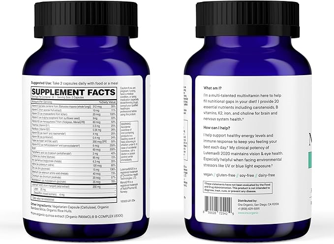 Ora Organic Plant Based Multivitamin for Women and Men Bluelight Protection - Brain Eye Energy Immune Skin Hair Heart and Bone Health Support 60 Vegan Capsules (Pack of 3)