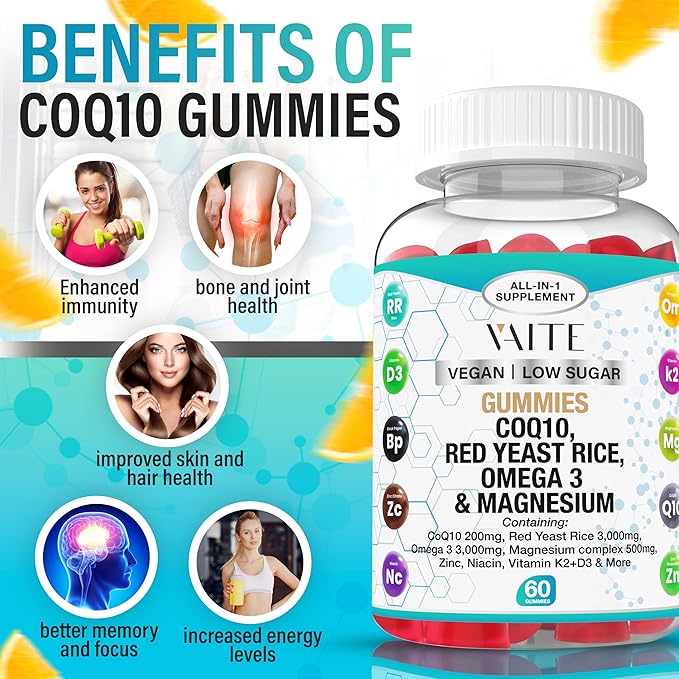 CoQ10 200mg Gummies with Red Yeast Rice &amp Magnesium Glycinate – Omega-3 Zinc and Vitamin K2+D3 for Overall Health – Supplements for Adults – 60 Chewable Gummies