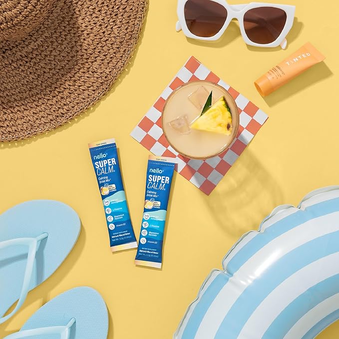 Nello Supercalm Powdered Drink Mix Cortisol Reducer* and Sleep Aid Supplement L Theanine Ksm-66 Ashwagandha Magnesium Glycinate Vitamin D 3 No Sugar Non GMO On The Go 20 Ct Pina Colada