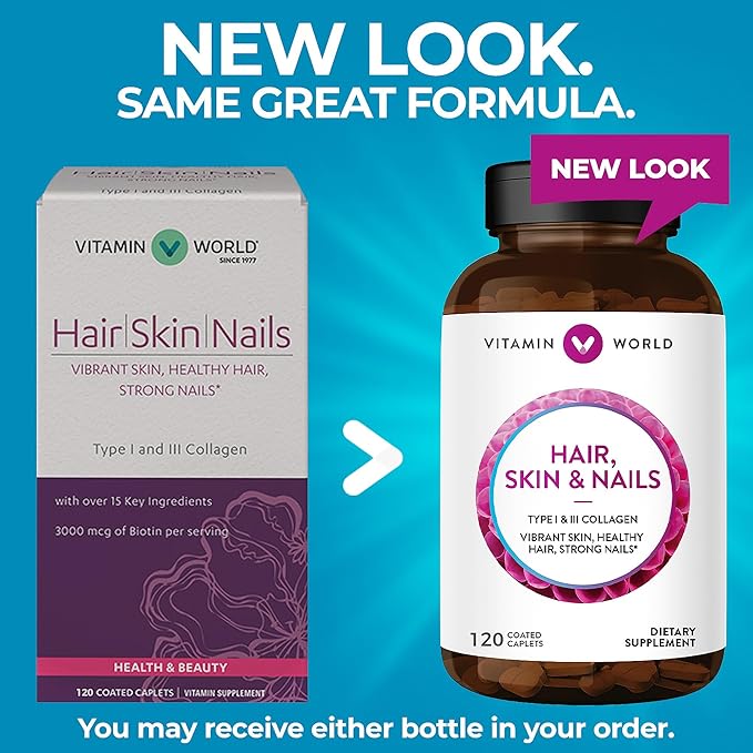 Vitamin World Hair Skin and Nails Formula 120 caplets Biotin B-7 Vitamin Healthy Hair Skin Nails Type I and III Collagen Coated Gluten Free