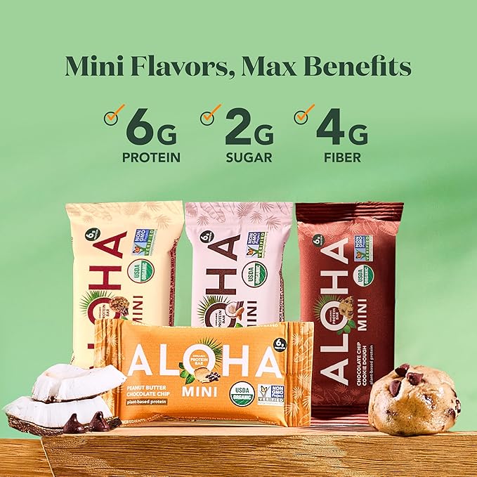 ALOHA Organic Plant Based Protein Bar MINIS | VARIETY PACK | GLP-1 Friendly 20 Count 24g Bars | Vegan Low Sugar Gluten Free Low Carb Non-GMO No Stevia No Soy No Sugar Alcohols