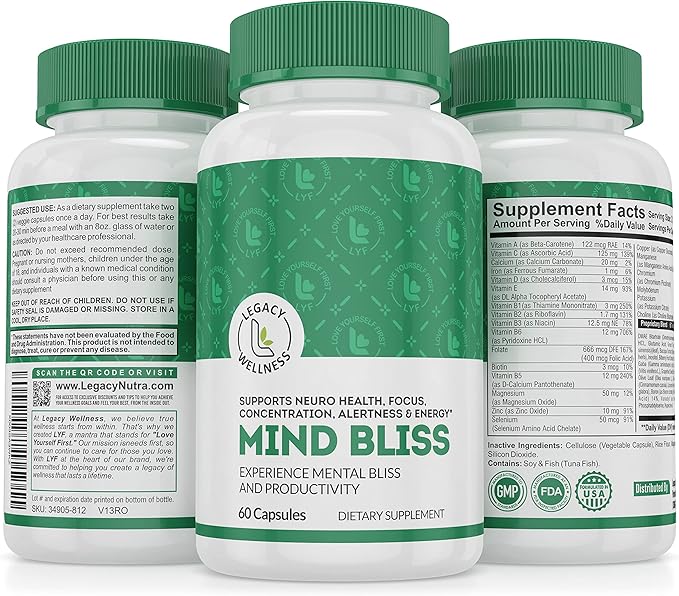 Mind Bliss Brain Supplement: 40-Ingredient Memory Focus &amp Clarity Vitamins Energy Boost &amp Nootropic Support with DMAE 60 Pills