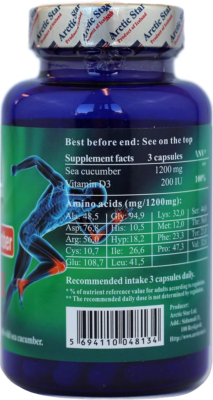 Arctic Star - Sea Cucumber with Vitamin D3 Capsules Pure Icelandic Wild Caught Sea Cucumber Extract &amp D3 Supplement Pills - Cucumaria Frondosa 北极星海参+D3胶囊 (90 Capsules 400mg) 1Bottle