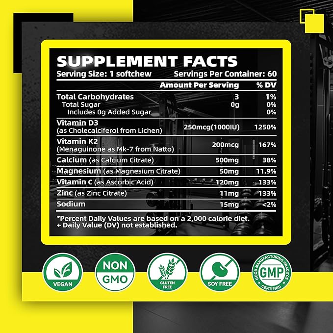 Nutravita Sugar-Free Vitamin D3 K2 Chews with Calcium + K2 (MK-7) Magnesium Citrate Vitamin C Extra Strength - Ultimate Absorption for Bone Muscle Teeth Immune Vegan - 60 Count-Pineapple Flavor