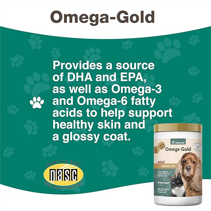 NaturVet – Omega-Gold Plus Salmon Oil | Supports Healthy Skin &amp Glossy Coat | Enhanced with DHA EPA Omega-3 &amp Omega-6 | for Dogs &amp Cats | 180 Soft Chews
