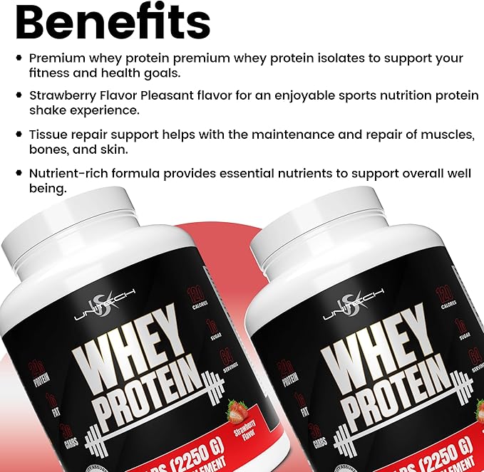 Unitech USK Whey Protein Strawberry Powder | Muscle Repair &amp Metabolism Support | Protein with Essential Amino Acids Enzymes &amp Minerals | Sports Supplement | Strawberry Flavor 80oz