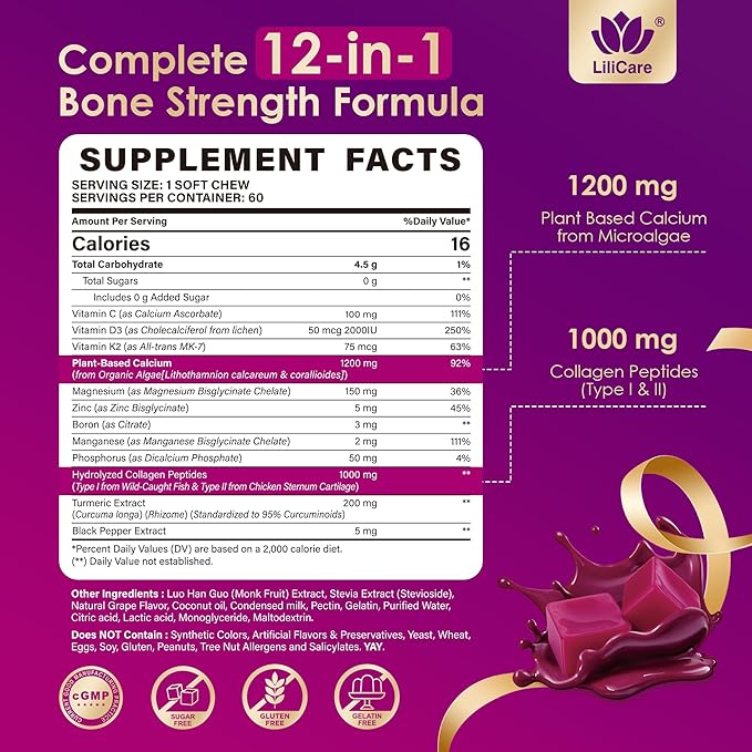 Calcium Chews 1200 mg Plus Vitamin D3 K2 Magnesium Zinc for Bone Muscle Calcium Suplements for Women Sugar Free Calcium Gummies 60 Cts