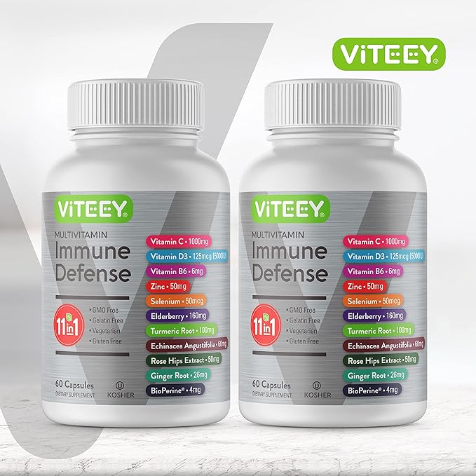 VITEEY 11 in 1 Immune Support Supplement - Immune Defense with Vitamin D3 B6 Echinacea Turmeric Rose-HIPS Selenium BioPerine Ginger Elderberry Vitamin C and Zinc - 120 Count