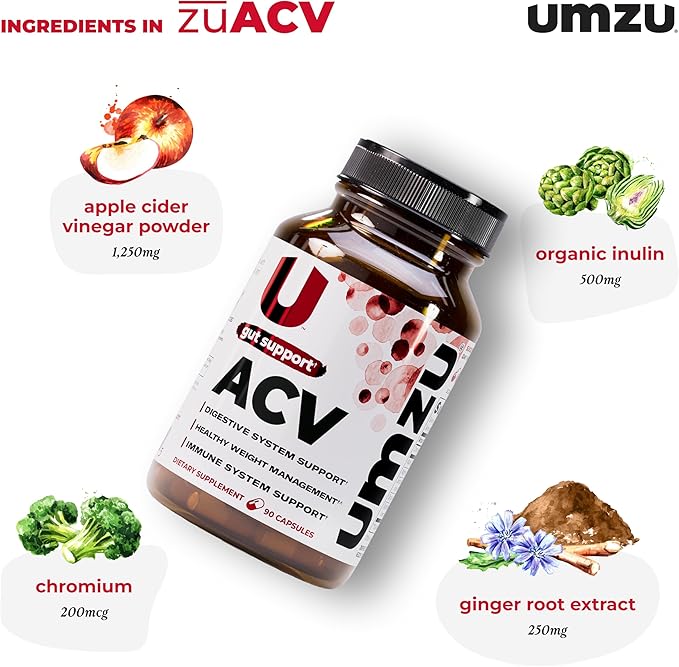 UMZU zuACV Apple Cider Vinegar + Prebiotics Supplement (30 Day Supply) – ACV &amp Inulin Fiber Blend – Gut Health Support with ACV Capsules for Daily Digestive Health &amp Wellness Balance Formula