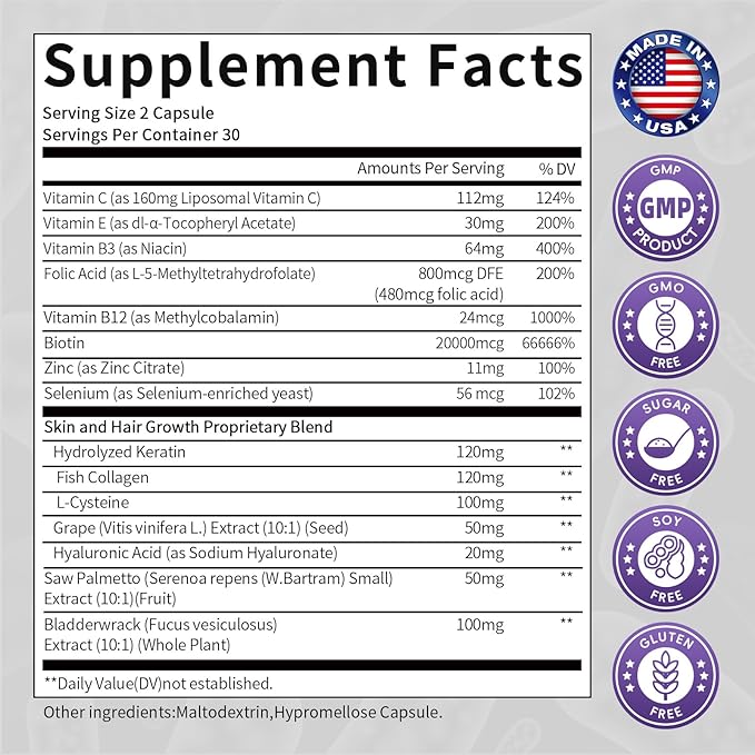 GPGP GreenPeople Biotin | Collagen | Keratin - Hair Growth biotin 20000MCG-Hair Skin &amp Nails with Multivitamins &amp Minerals for Men &amp Women - 60 Capsules