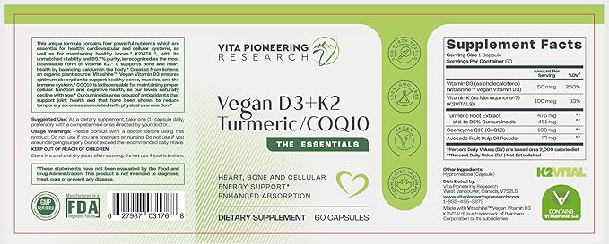 5-in-1 Vitamin D3 2000IU + K2Vital Vitamin K2 with Turmeric and COQ10 - with Avocado Powder for Enhanced Absorption - Heart Bone Cellular Health Support