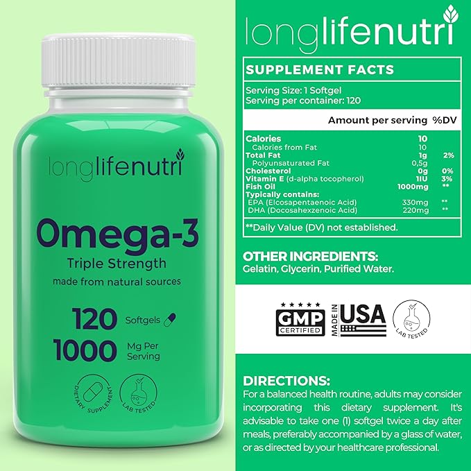 Omega 3 Fish Oil 1000mg - with High EPA &amp DHA 120 Softgels Fatty Acids Supplement for Cognitive Function from Salmon 4-Month Supply GMP Certified Made in USA