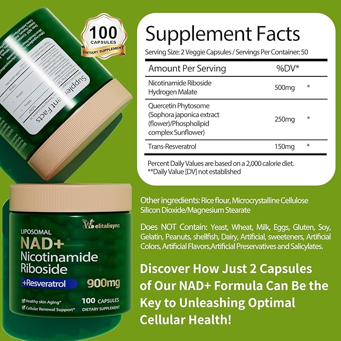 Premium NAD+ Supplement - Nicotinamide Riboside &amp Resveratrol 900mg – Fast-Absorbing Cellular Renewal Capsules for Energy Anti-Aging &amp Brain Health – Vegan Non-GMO 200 C