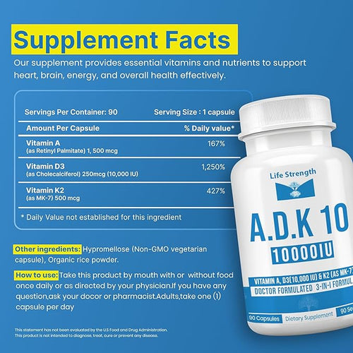 ADK 10 Supplement 10000 IU (90 CT) - Physician Formulated ADK Vitamins A D3 &amp K2 (as MK7) for Bone Health - Immune System Support - Gluten Free Soy Free Non-GMO
