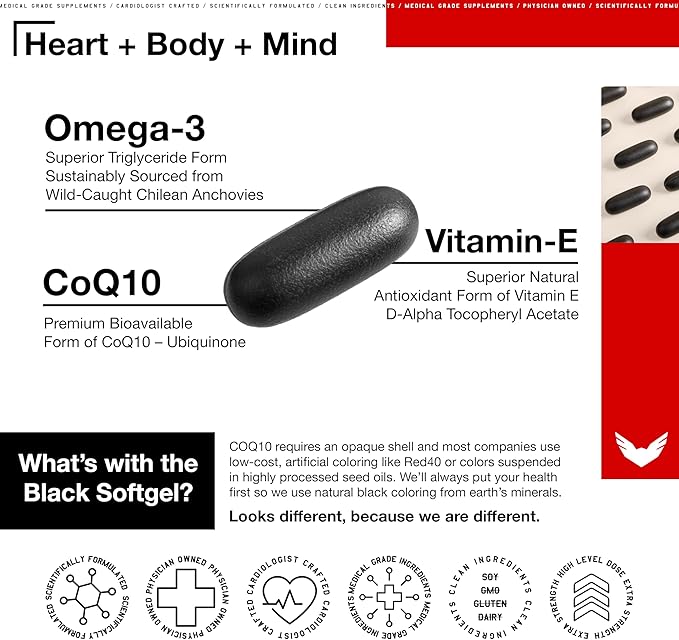 High Level Science CoQ10 Omega-3 Vitamin E - Cardiologist Formulated for Heart + Body + Mind Health with DHA/EPA Antioxidant for Energy Superior Bioavailable Fish Oil - Gluten Free - 2 Pack