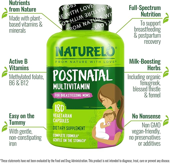 NATURELO Postnatal Multivitamin - Supplement for Breastfeeding Women - Plant-Based Vitamin D Folate Gentle Iron - for Nursing Mother Baby - Post Natal Lactation Support - 180 Count (Pack of 2)