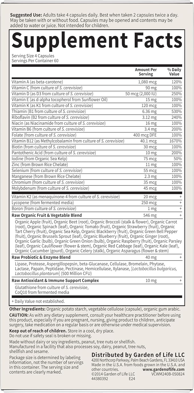 Garden of Life Multivitamin for Men - Vitamin Code 50 &amp Wiser Men's Raw Whole Food Vitamin Supplement with Probiotics Vegetarian 240 Capsules(Pack of 2)